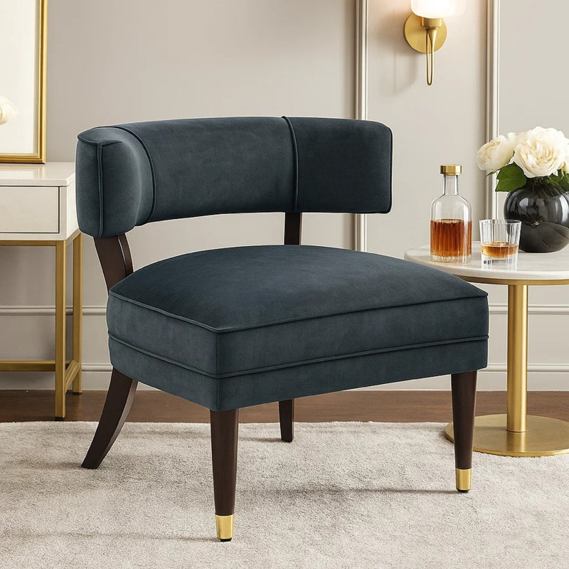 Fauteuil d'appoint Disa, conception à dossier demi-tonneau, velours gris, pieds en bois massif