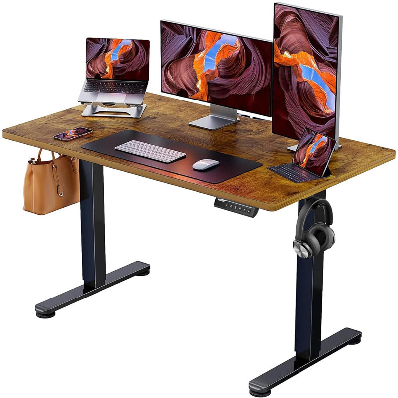 Commercial Use Height Adjustable Rectangular Standing Desk, Brown/Black, 118cm H x 120cm W x 60cm D