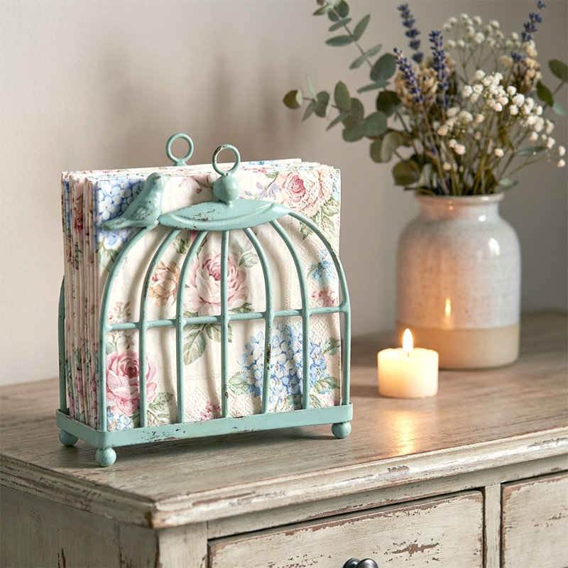 Bird Napkin Holder, Mint Green Distressed Metal Birdcage Stand with Perched Bird Accent 
