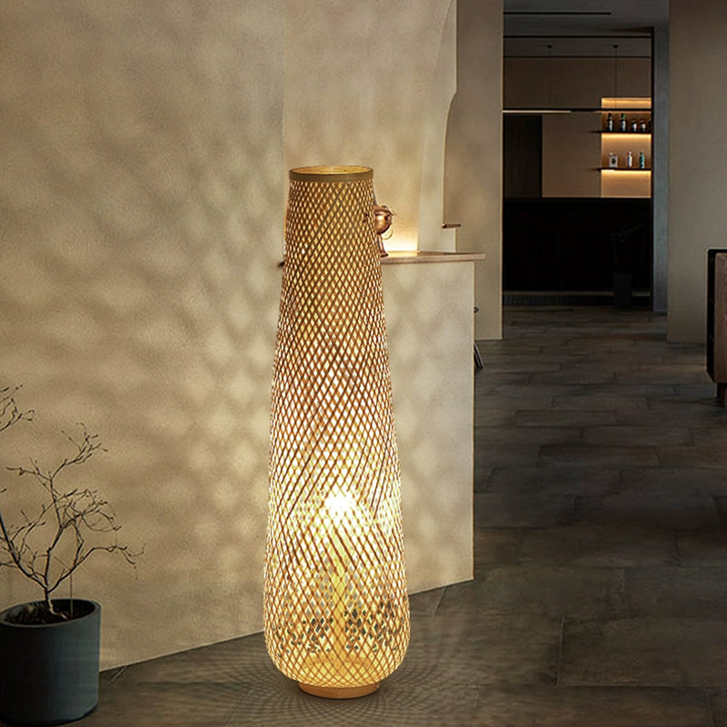 Japanese-style bamboo-woven solid wood floor lamp