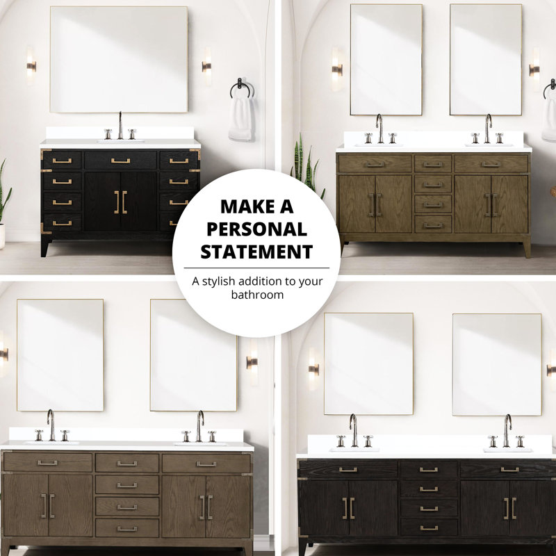 Meuble-lavabo double en chêne gris, comptoir en quartz, corps principal en bois massif, conception à fermeture en douceur, tablette ouverte, espace de rangement supplémentaire avec comptoir poli et scellé, structure,