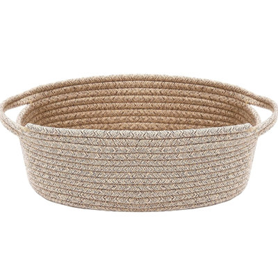 Small Woven Rope Storage Basket With Handles & Ribbon Bag Oatmeal