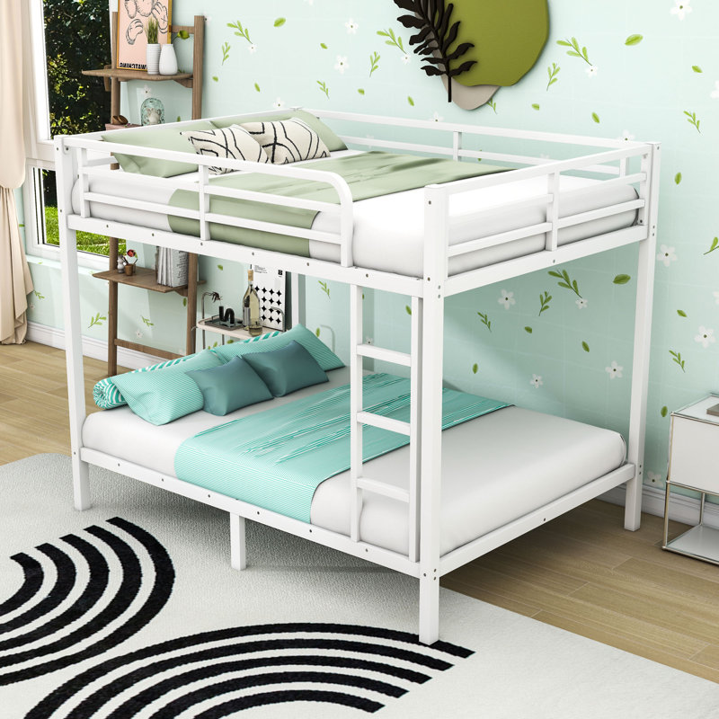 Metal Bunk Bed With Guardrails And Ladder, White, Full