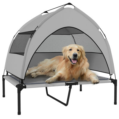 Elevated Dog Bed with Cooling Pad, Raised Outdoor Pet Bed with Removable Canopy, Breathable Mesh, Storage Bag, Portable Pet Cot for Indoor Outdoor Large Dogs, Light Grey