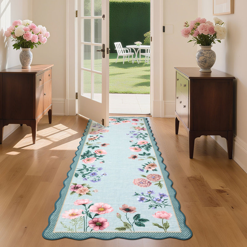 Tapis floral lavable avec envers antidérapant, Bleu, 2 x 6 pi