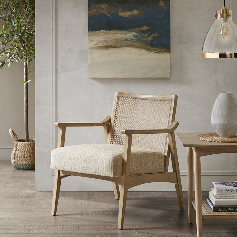 Kelly 25'' Cane Back Upholstered Accent Chair With Wooden Legs