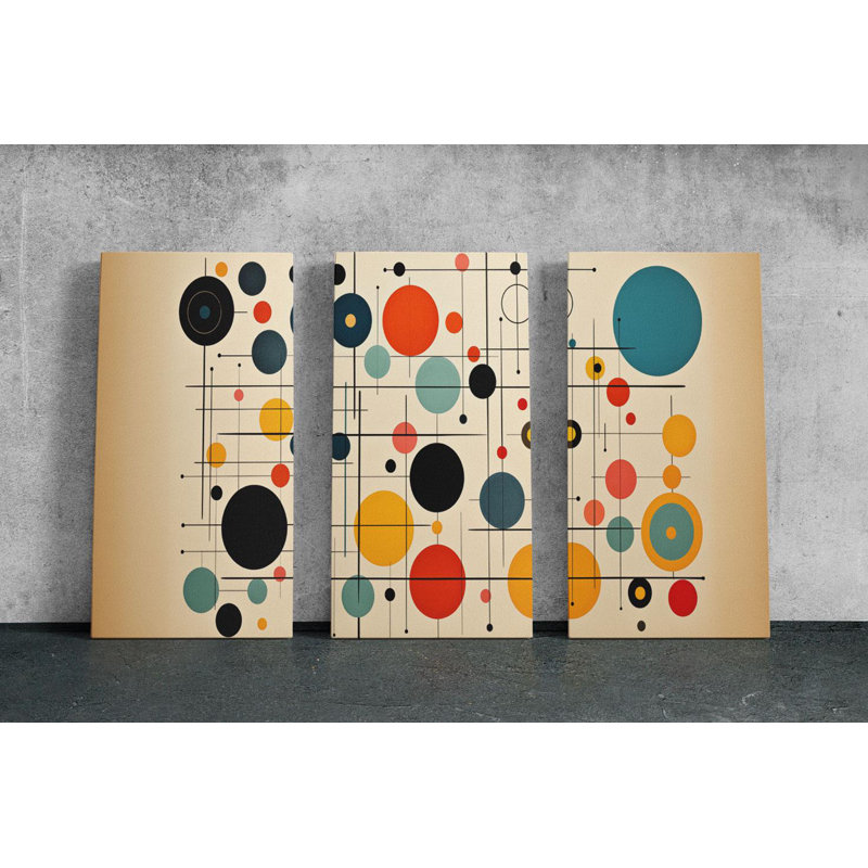 «Triptych», art mural sur toile - ensemble de toiles triptiques modernes de style Mid-Century - cercles colorés rétro pour décoration éclectique