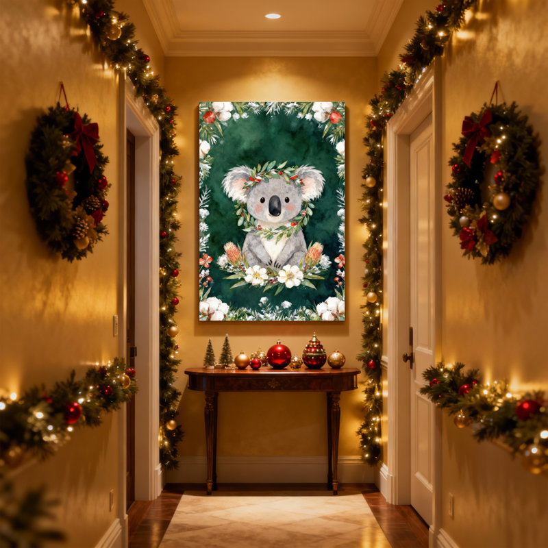 Koala de Noël avec couronne florale et fond vert, ensemble de 3 impressions sur toile, H 18 po x l 12 po
