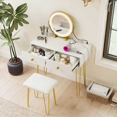 Vanity Desk with Mirror and Lights Lighted Adjustable Mirror 2 Drawers for Bedroom White