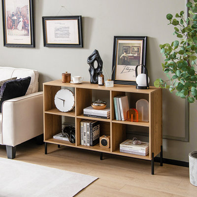 Bibliothèque à 6 cubes avec 2 tablettes réglables, 5 pieds en métal et ensembles anti-basculement, naturel