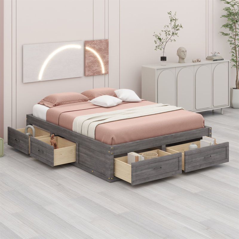 Platform Bed With 6 Storage Drawers, Antique Grey
