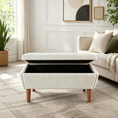 42 Inch Rectangular Linen Ottoman Bench with Solid Wood Tapered Legs