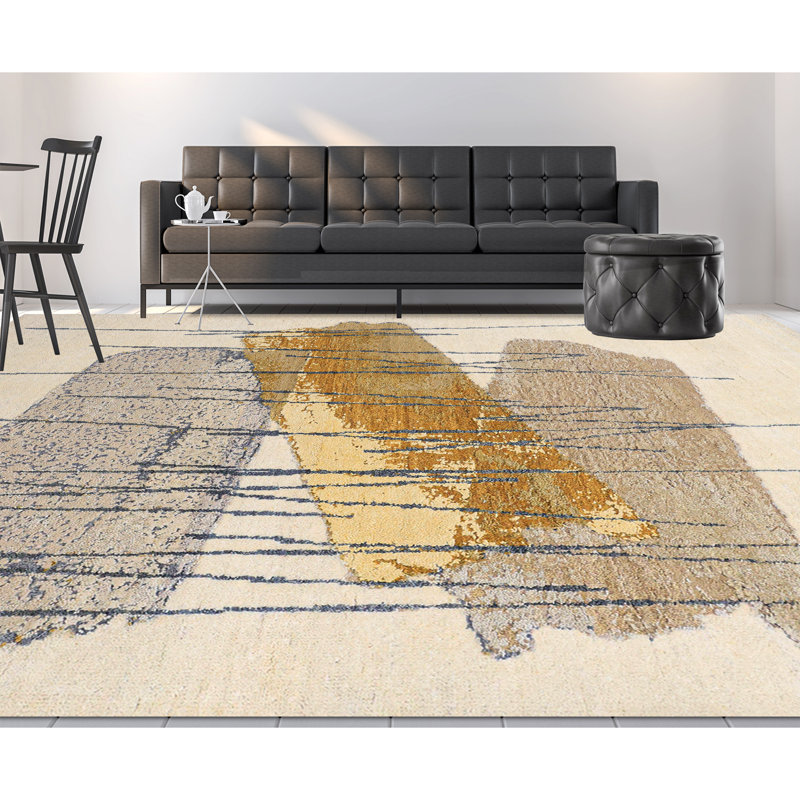Hand Knotted Abstract Area Rug in Ivory/Gold