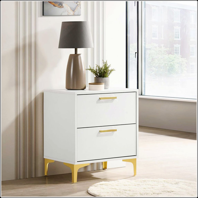 Table de chevet luxueuse blanche et dorée avec 2 tiroirs spacieux, parfaite pour les chambres à coucher de style Mid-Century moderne