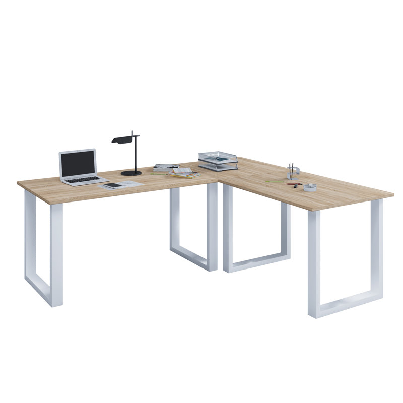 Rhyen Metal Base Writing Desk, 76cm H x 190cm W x 50cm D, Light brown/white 