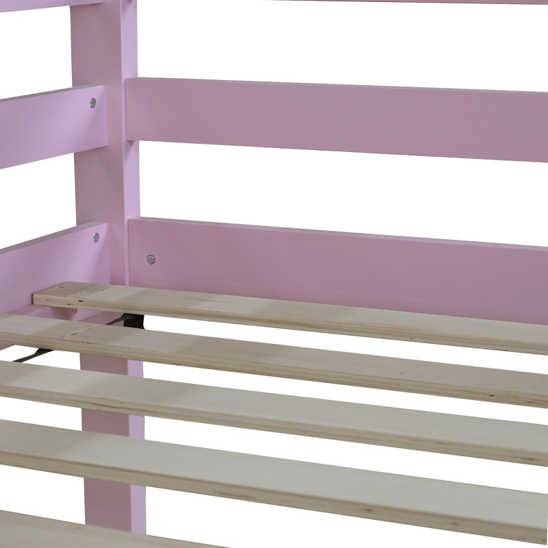 Lit superposé simple au-dessus de simple en bois massif avec échelle, en forme de maison, Pink