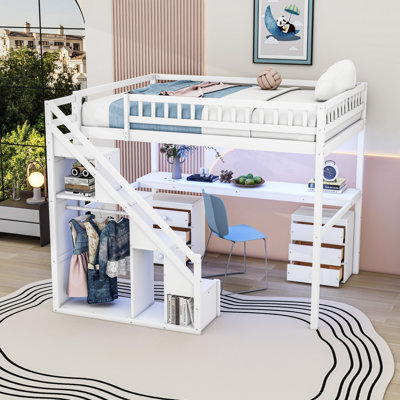 Lit mezzanine en bois avec bureau, lumière DEL, tiroirs de rangement et escalier