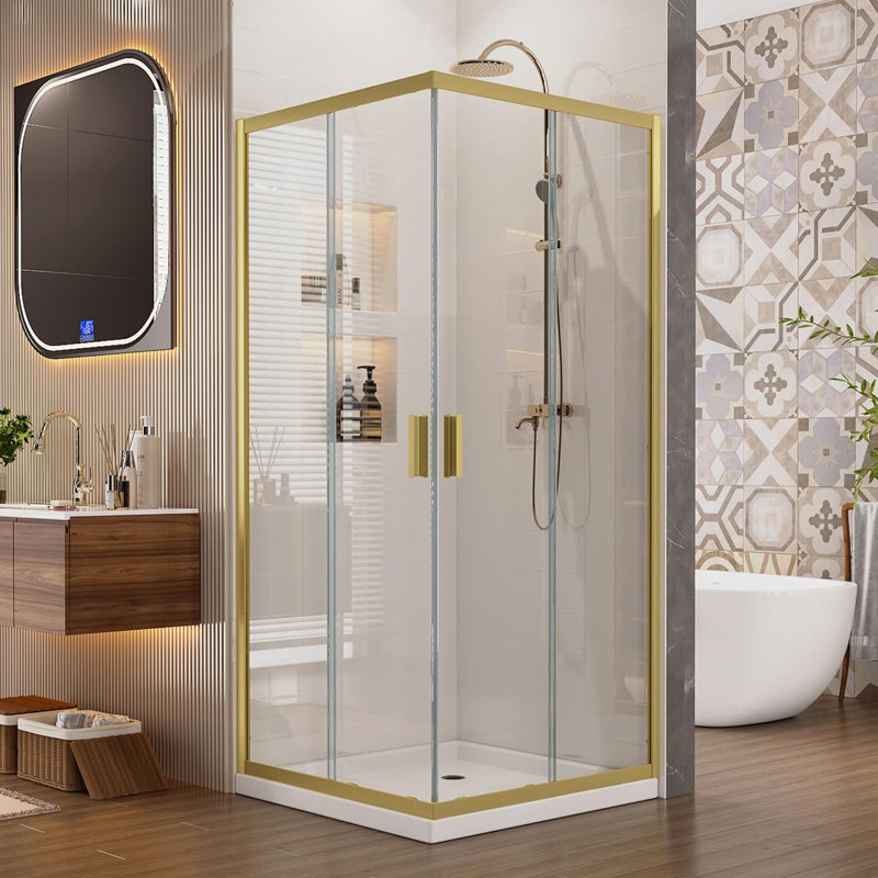 Cabine de douche d'angle 34 po x 34 po x 76 po, porte de douche coulissante double avec verre trempé 1/4 po facile à nettoyer, conception peu encombrante