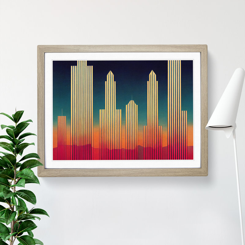 Intense Skyscraper Skyline - Framed Print, 25cm H x 34cm W x 2cm D, Oak