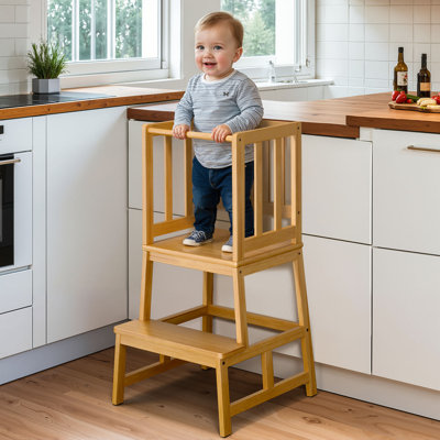 Anti-tip Kids Kitchen Step Stool, Natural-bamboo Toddler Standing Tower With Anti-drop Bar by Harriet Bee