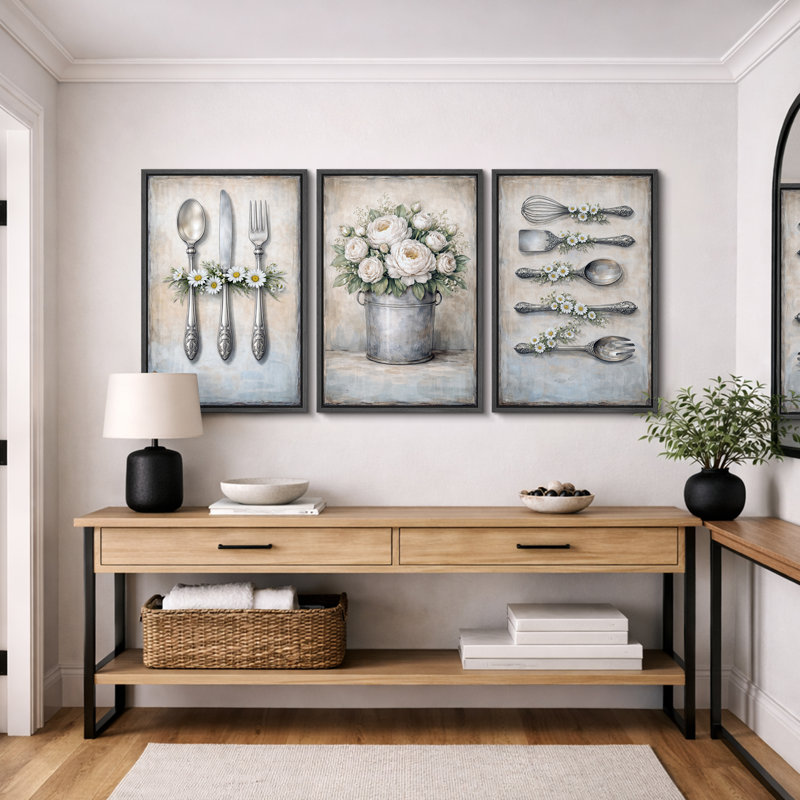 «Vintage Kitchen Utensils Floral Still Life», art de la salle à manger, impression sur toile encadrée, 3 pièces, Cadre noir