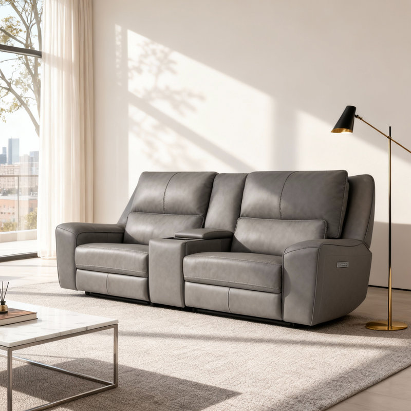 Top Grain Leather Reclining Loveseat With Wireless Charger, Zero Gravity, Adjustable Headrest & Lumbar Support, Gray