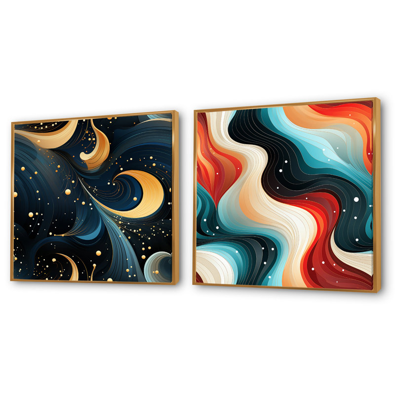 Daaiyah - Ensemble de 2 collages de formes carrées abstraites, Cadre flottant doré, H 36 po x l 73 po