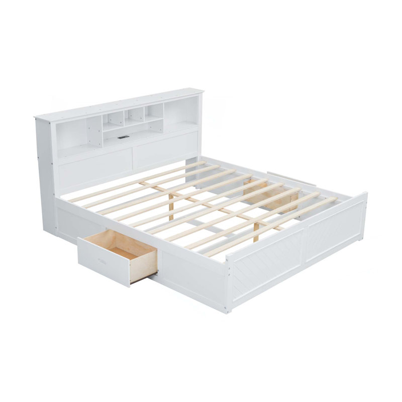 Lit plateforme très grand en bois avec tête de lit multi-rangement, USB et tiroirs, Blanc