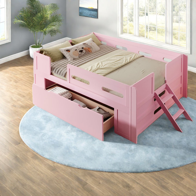 Lit double moderne en bois rose avec tiroir de rangement et garde-corps