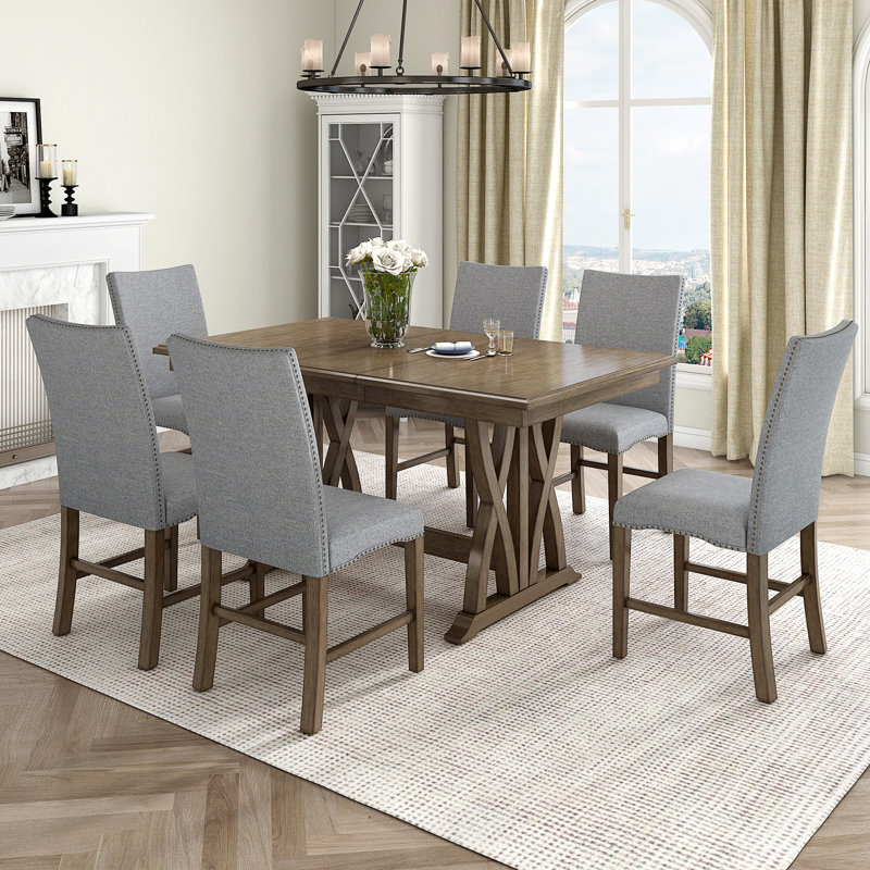 Ensemble de table de salle à manger Mid-Century en bois massif 7 pièces avec tables rembourrées et rallonge