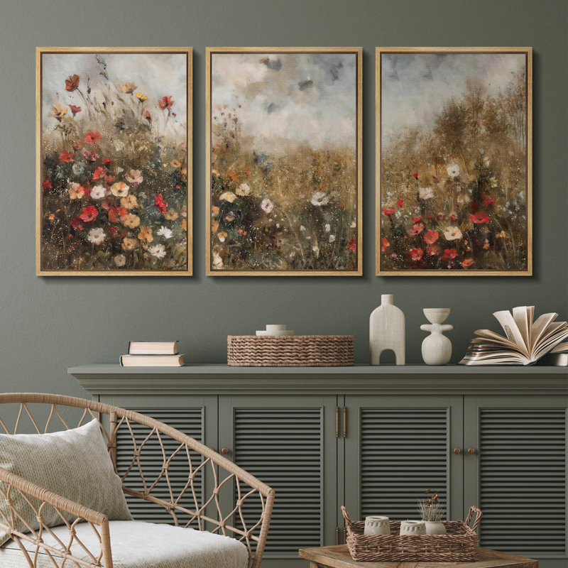 " Autumnal Flora Abstract Flower Field Contemporary Illustration Rustic Decor Multicolor Chic " 3 - Pieces on, Naturel