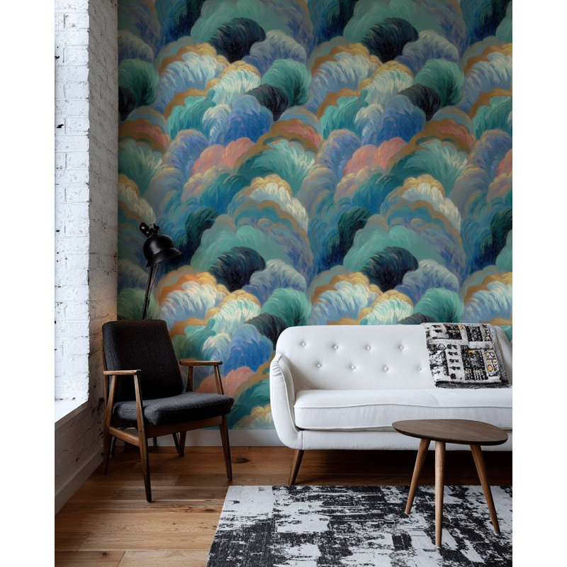 Papier peint artistique abstrait bleu à motif de vagues abstraites