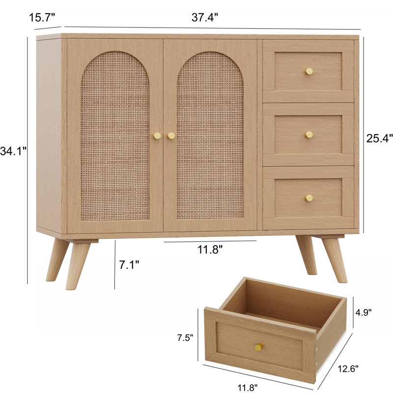 37.4'' Rattan Buffet Cabinet with Storage, Kitchen Small Sideboard Cabinet with Door and 3 Drawers, Floor Storage Cabinet for Dining Room, Living Room