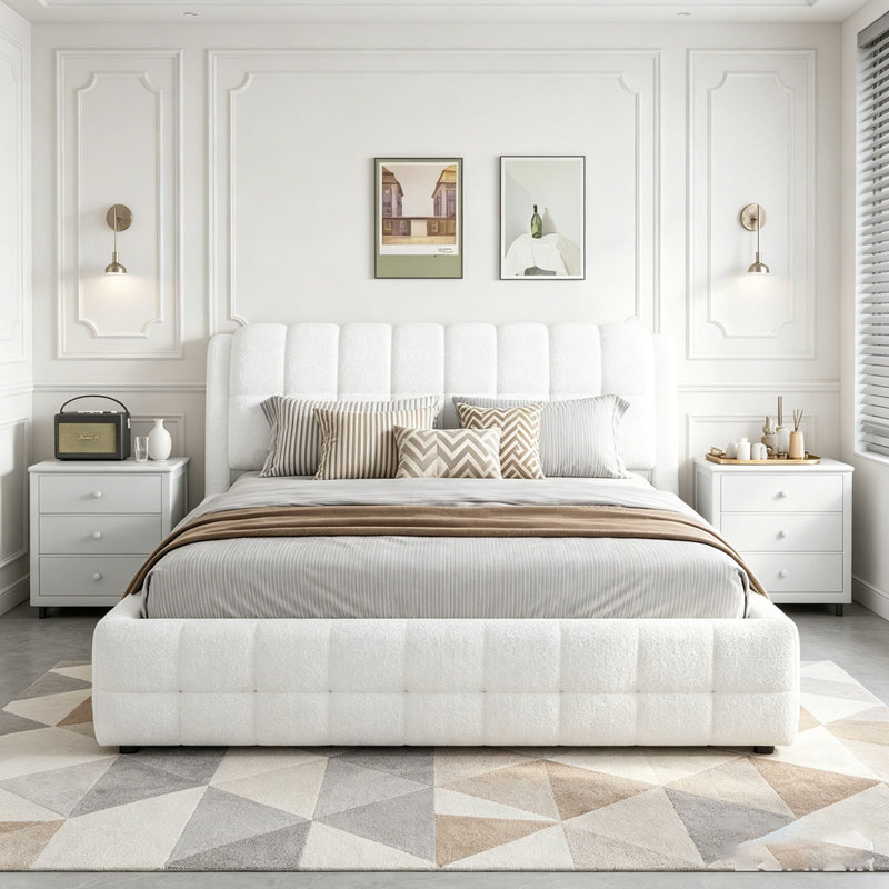 Upholstered Platform Bed, White, King