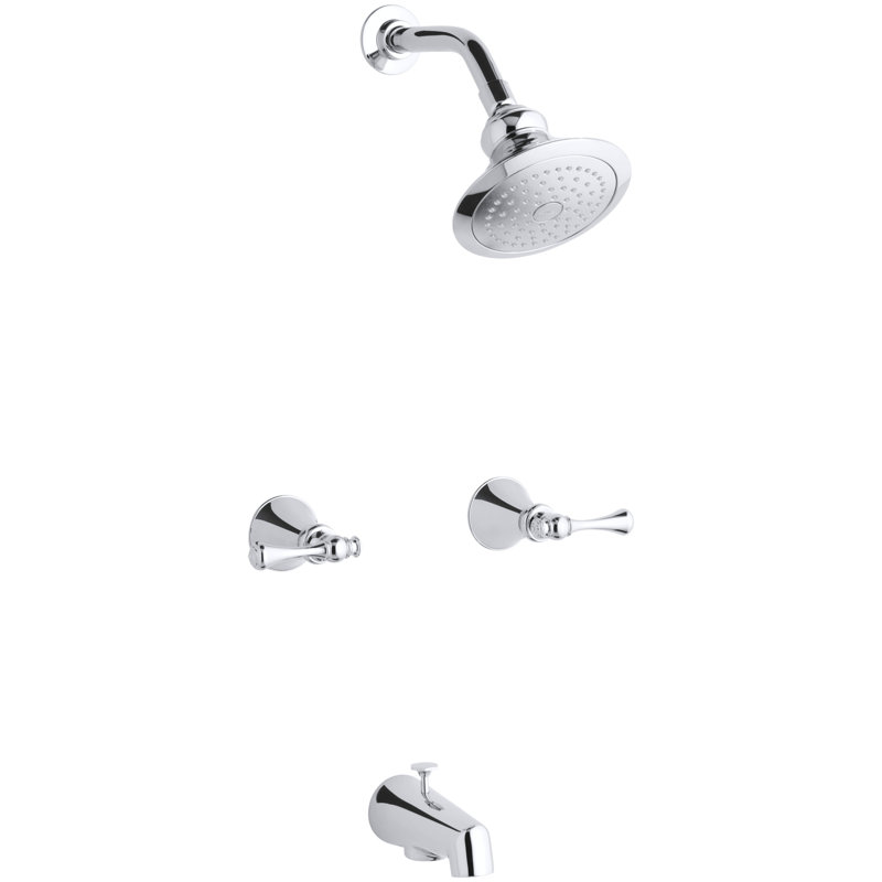 Revival Bath and Shower Faucet Set with Traditional Lever Handles and Single-Function Shower Head, Standard Showerarm and Flange
