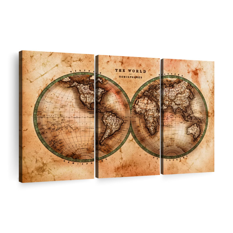 " Rustic Hemispheres Map ", 36" H x 57" W x 1.25" D