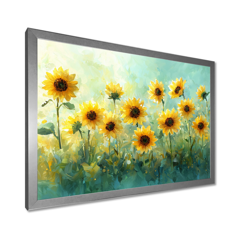 «Country Side Sunflowers Field Sky Horizon II» - Art mural tournesols, H 12 po x l 20 po, Argent argent