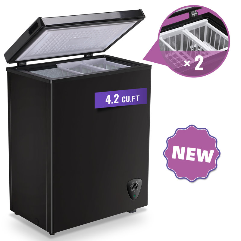 WANAI Chest Freezer, 4.2 Cubic Feet Small Deep Freezers Top Door with 2 Removable Baskets & Wheels, 7 Temperature Control Energy Saving, Compact Freezer for Home Kitchen Office Dorm Apartment Indoor Use, Black