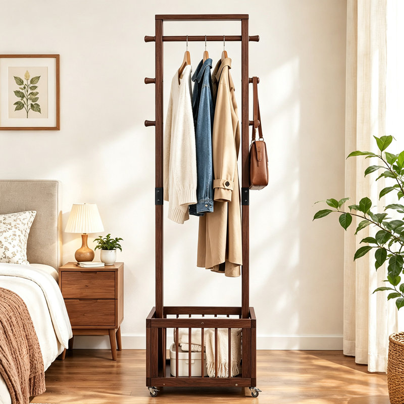 Portant à vêtements autoportant en bois massif avec roulettes verrouillables, multifonctionnel, avec barre de suspension, crochets latéraux et panier de rangement inférieur, idéal pour les petits espaces comme l'entrée ou la chambre.