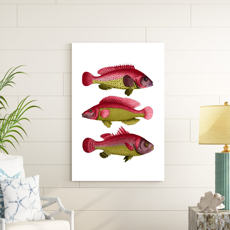 Trio de poissons fantaisie rouge et jaune, H 48 po x l 32 po x P 1 po