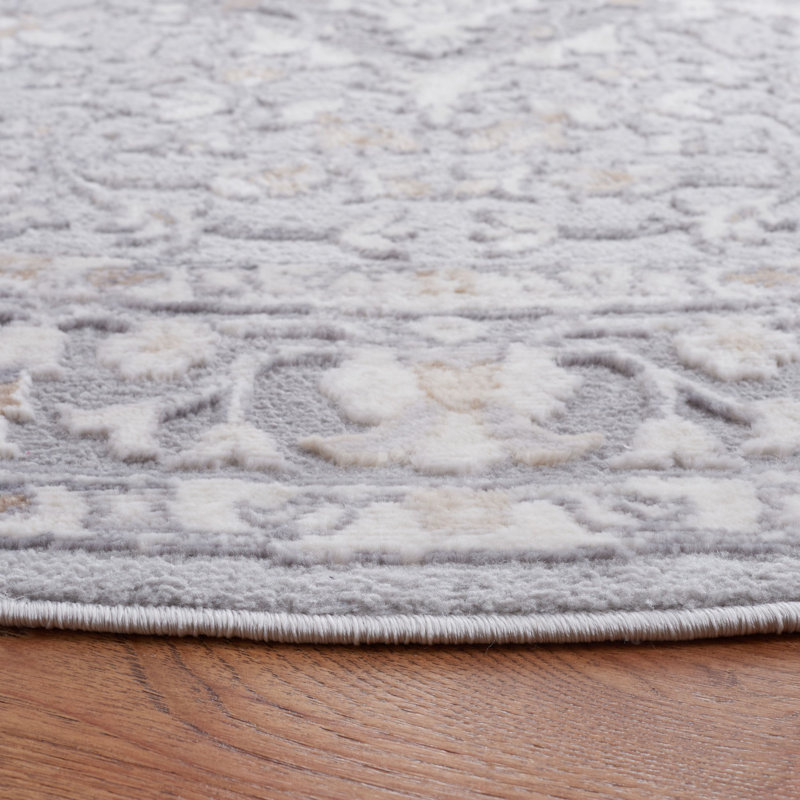 Tapis oriental en polypropylène / polyester tissé à la machine en gris / beige, Rond 6 pi 7 po