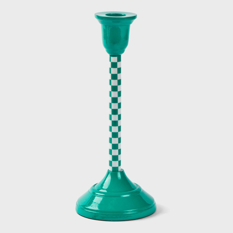  Jade Mint Checkered Candlestick, 9.75" H x 4.25" W x 4.25" D