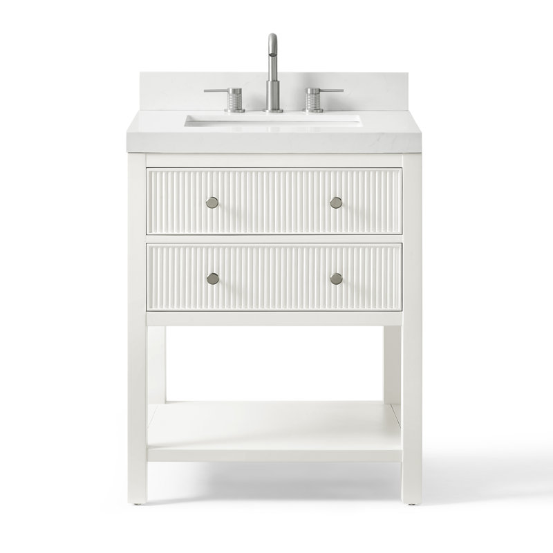 Meuble-lavabo simple en bois massif 28 po avec comptoir en quartz blanc Thassos Capri Capri, Blanc classique, 28"