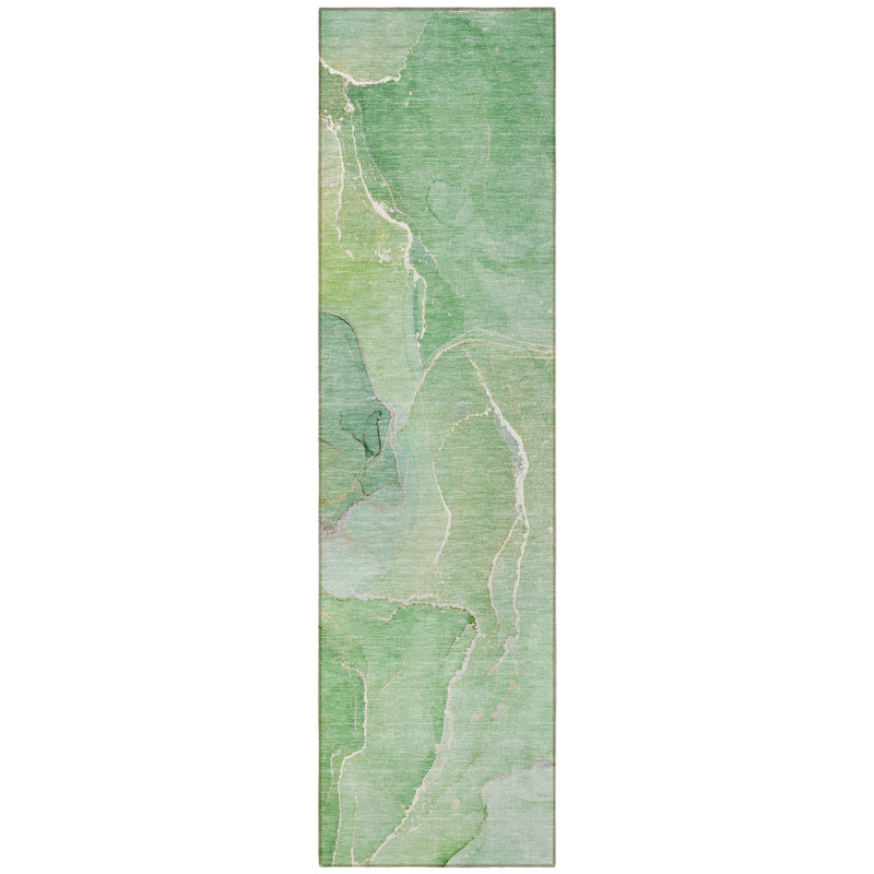 8' Runner Green Abstract Washable Non Skid Indoor Outdoor Runner Rug