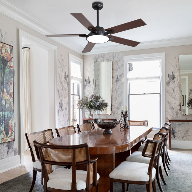 52" Ceiling Fan w/ LED Lights, 3 Color Temprature, Quiet DC Motor 6 Speed w/ Remote Control, Matte Black, Dark Brown Wood
