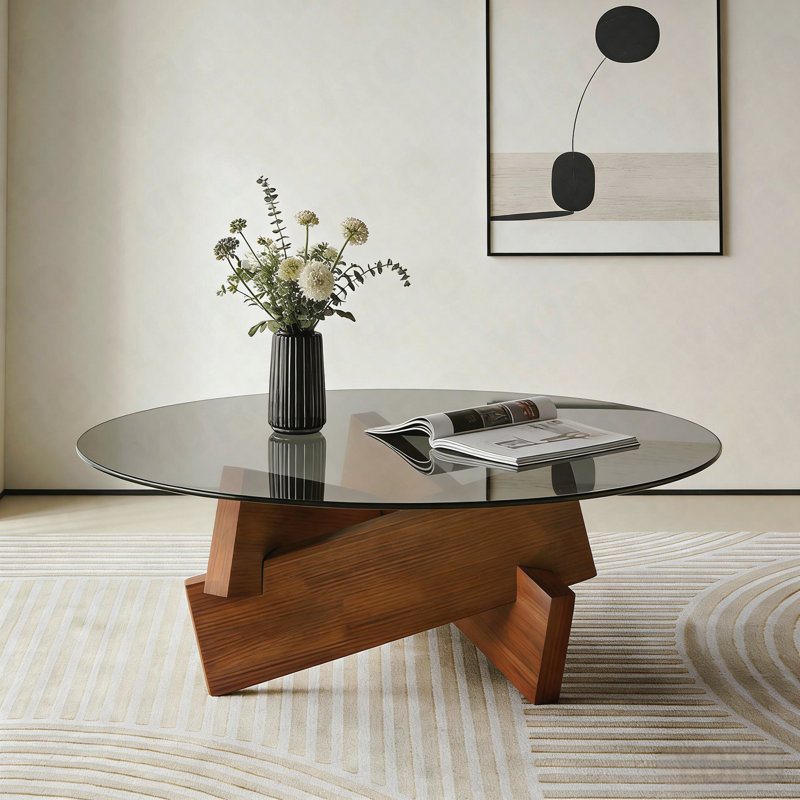 Table basse ronde 27,5 po - Verre trempé / bois, Mid-Century - Noyer