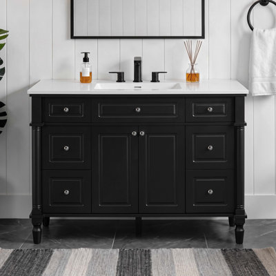Meuble-lavabo autoportant de 47,8 po de style vintage avec lavabo, armoire de salle de bain avec 6 tiroirs et 2 portes, pieds en bois massif, charnières à fermeture en douceur