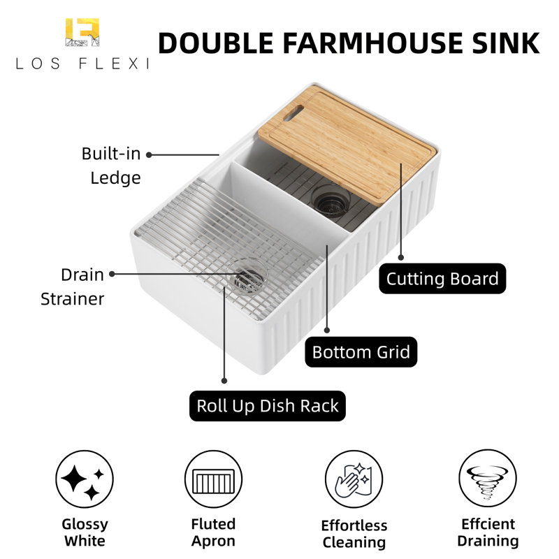 33 x 20 Inch Fireclay-Made Farmhouse Kitchen Sink Reversible with Deep Double Bowls Design & Full Accessories
