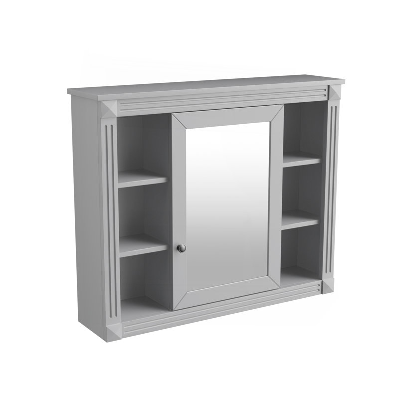 Armoire de salle de bain murale moderne avec plusieurs tablettes ouvertes et miroir, Gris