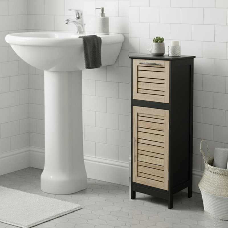 Armoire de rangement compacte pour salle de bain avec tiroir et porte ventilée, noir et brun - Collection Bergen